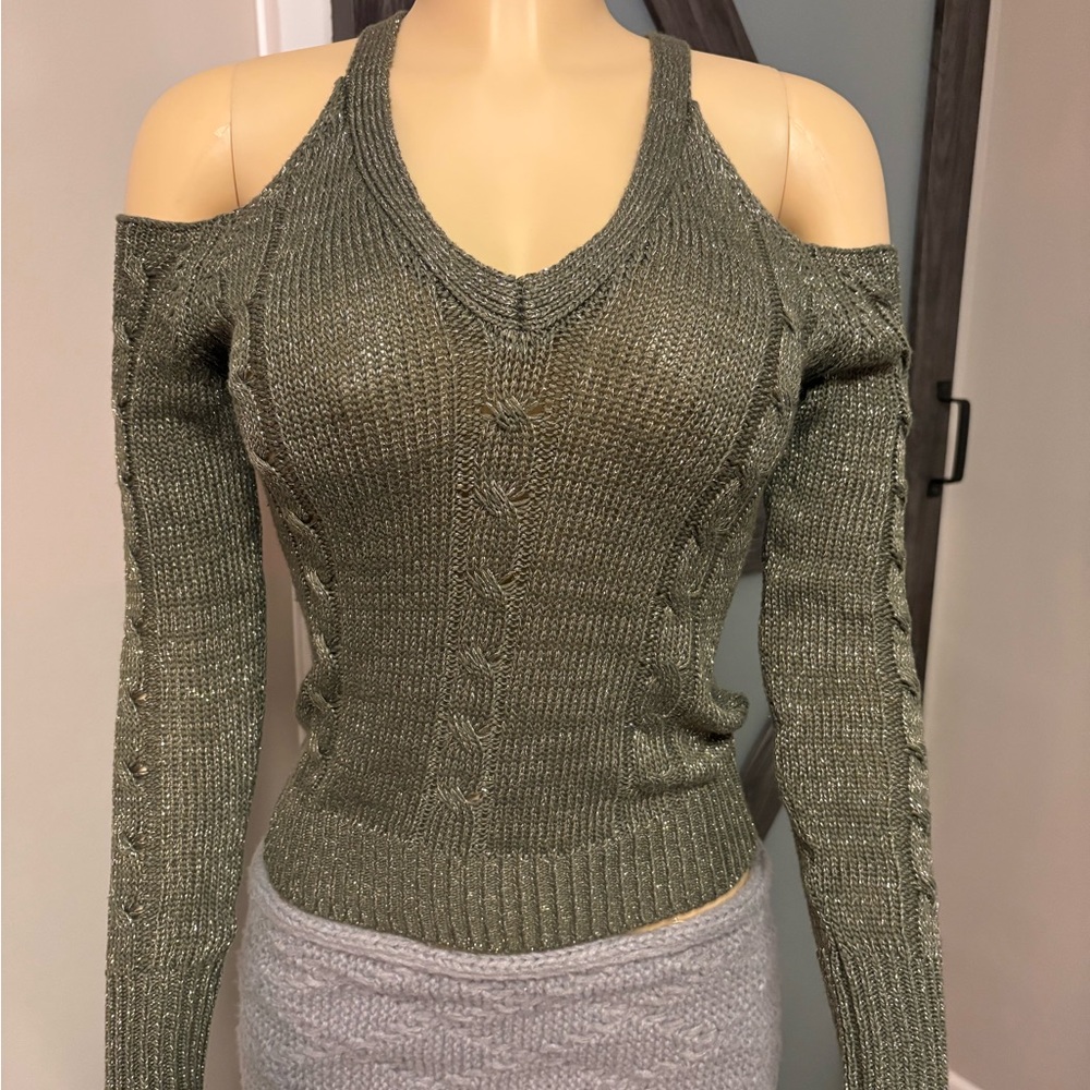bebe Olive Green Cold-Shoulder Cable Knit Sweater